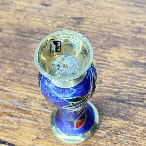Vintage Brass Mini Bud Vase Hand Painted Floral Enamel Cloisonné Style 3” Small - Picture 6 of 7